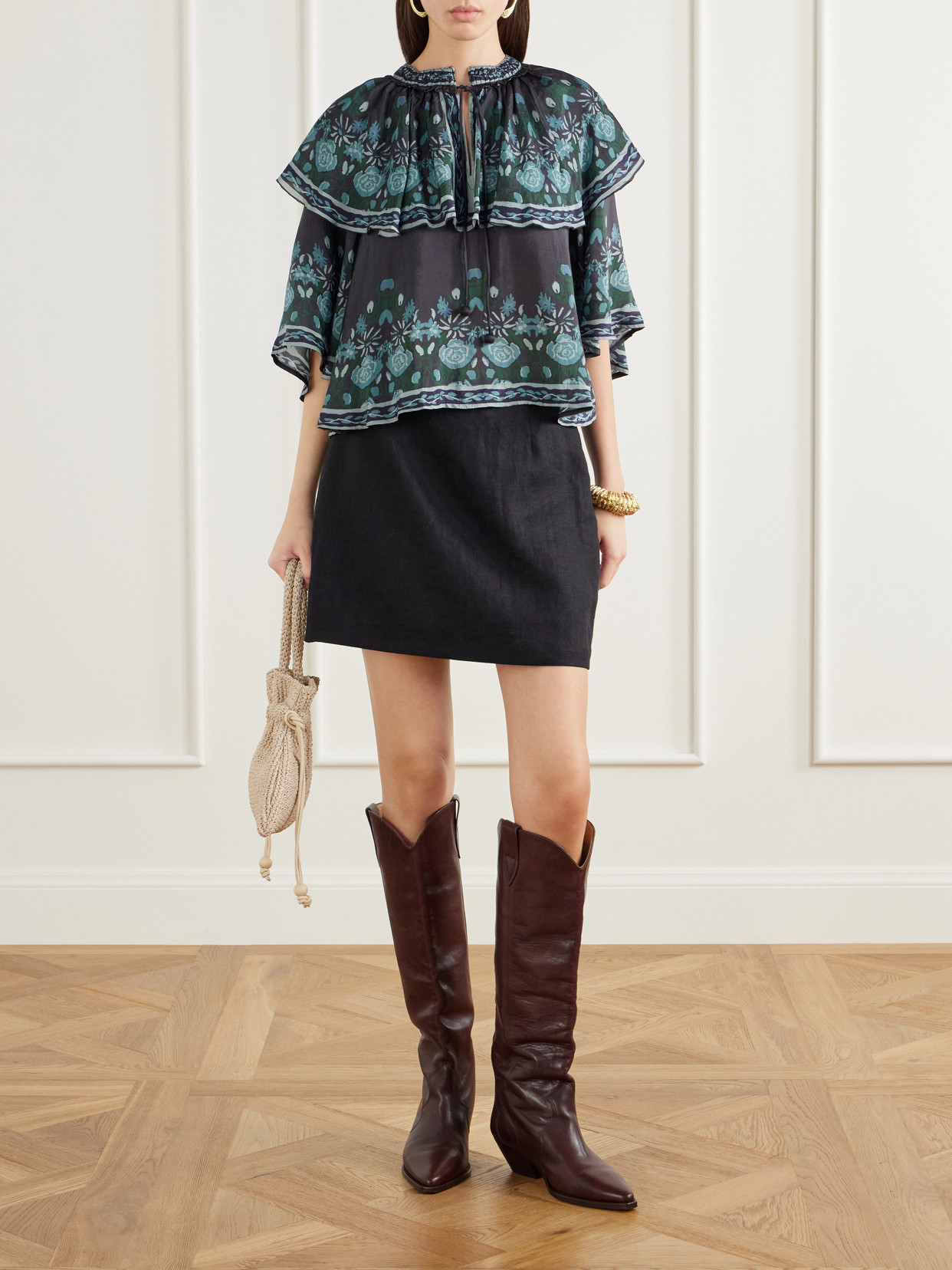 Tulla Cape-Detailed Printed Habotai Blouse