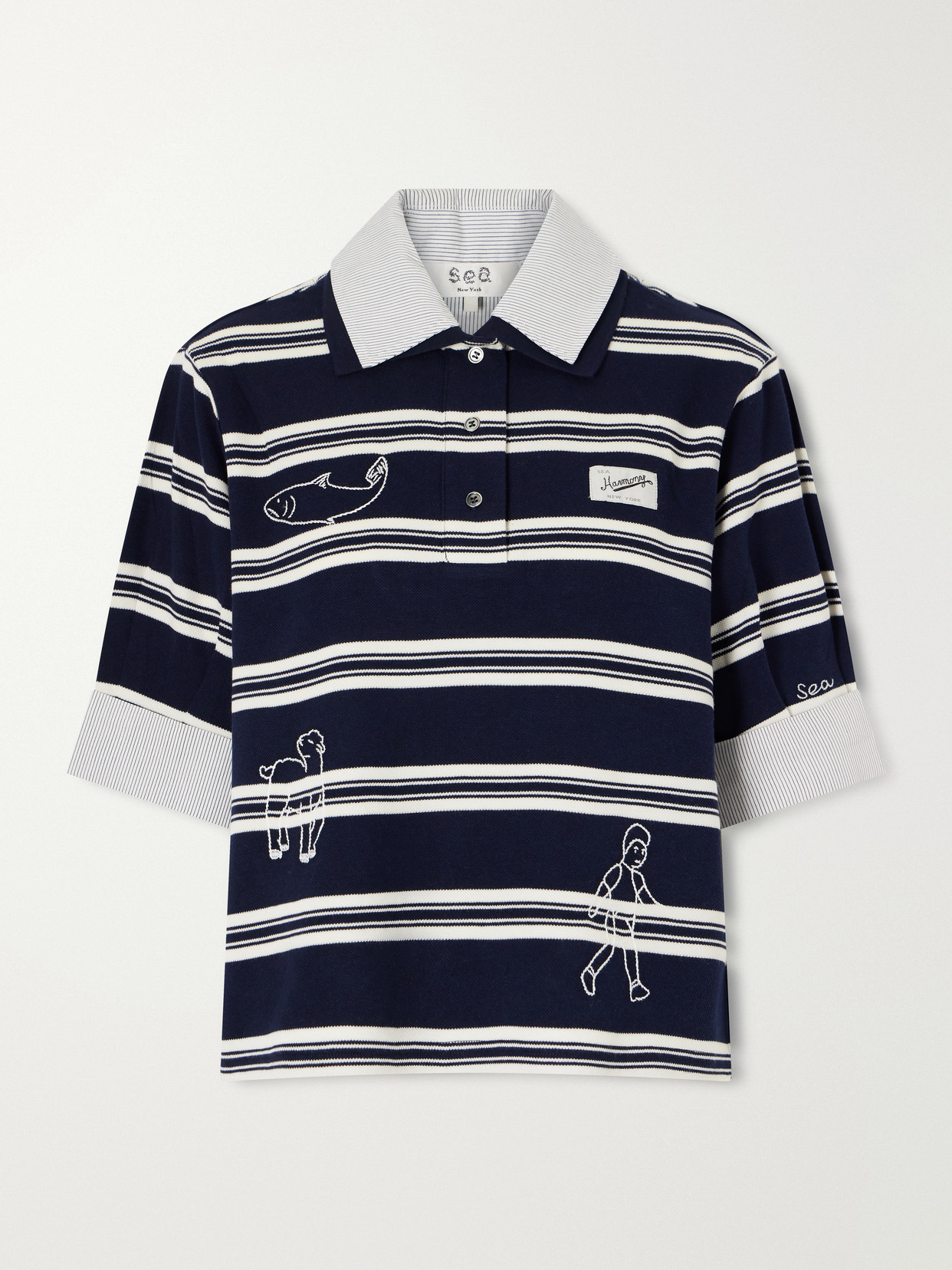 Sea Mina Embroidered Striped Polo Shirt In Blue