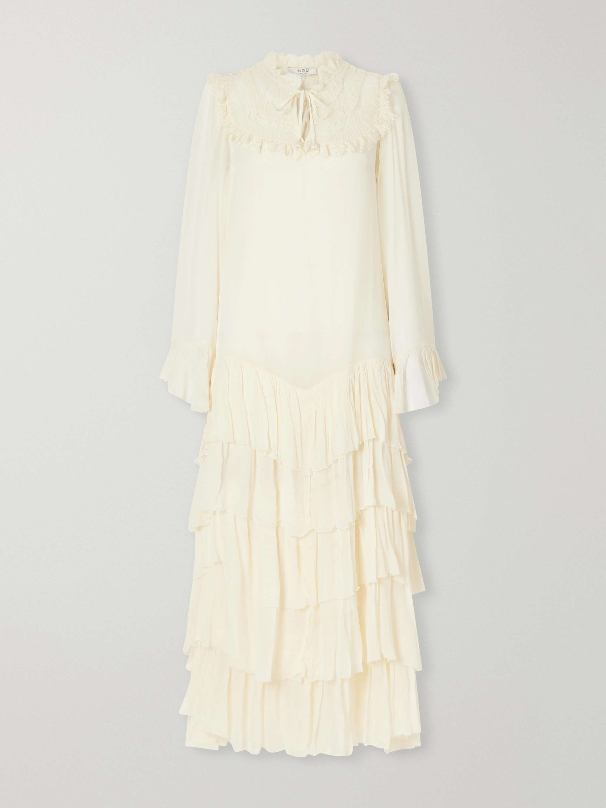 topshop ivory chiffon ruffle maxi dress Margaret ruffled tiered lace-trimmed - cream price-2