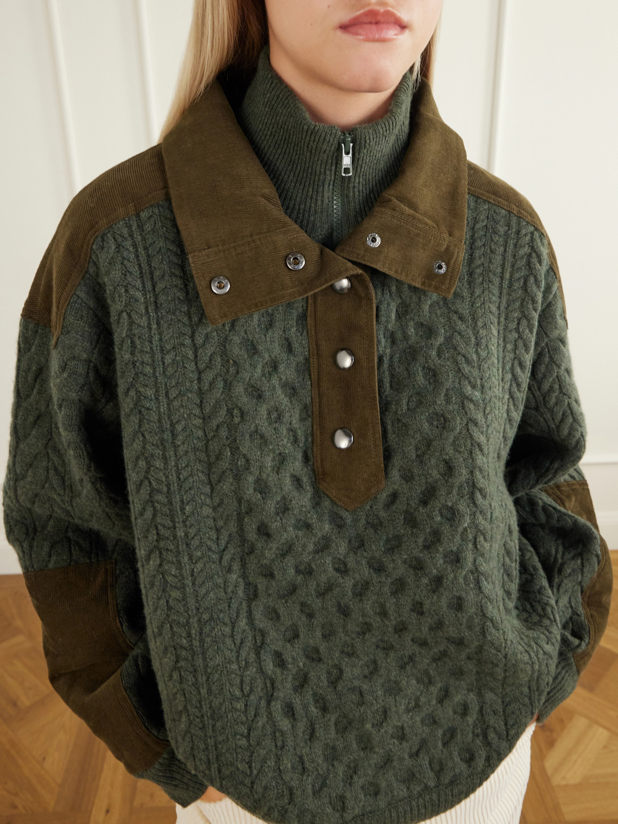 Allen Cotton Corduroy-Trimmed Cable-Knit Sweater