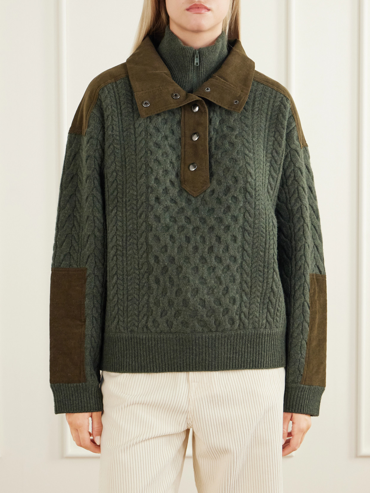 Allen Cotton Corduroy-Trimmed Cable-Knit Sweater