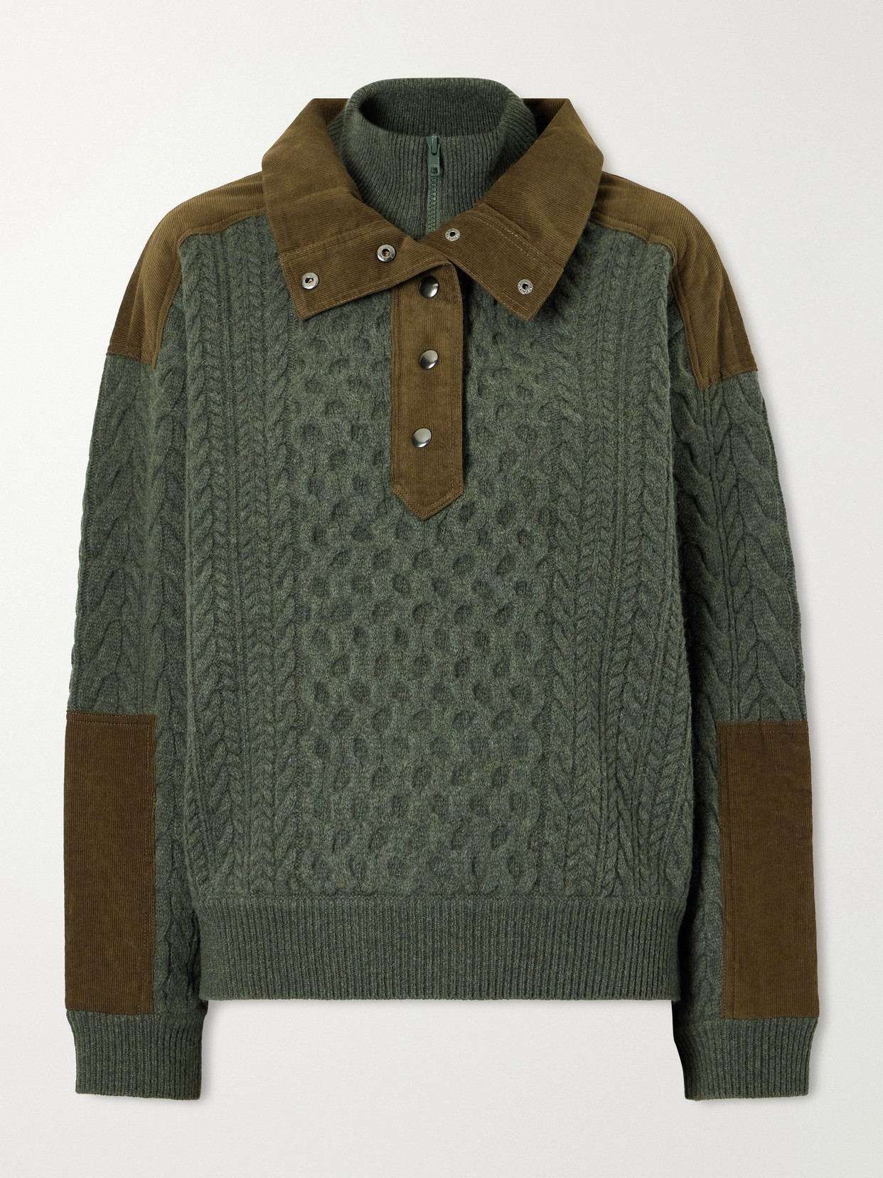Sea Allen Cotton Corduroy-trimmed Cable-knit Wool Sweater In Green