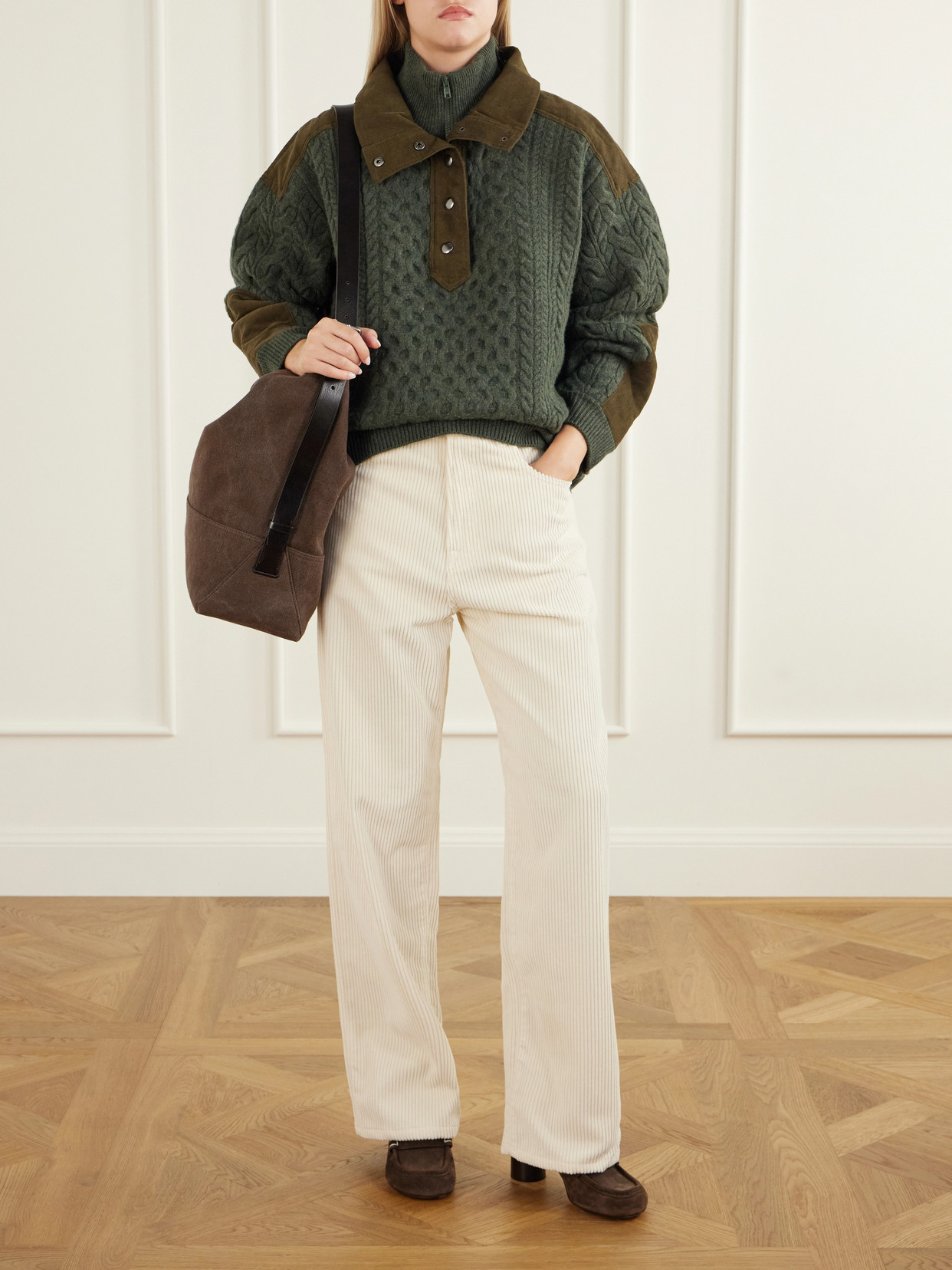 Allen Cotton Corduroy-Trimmed Cable-Knit Sweater