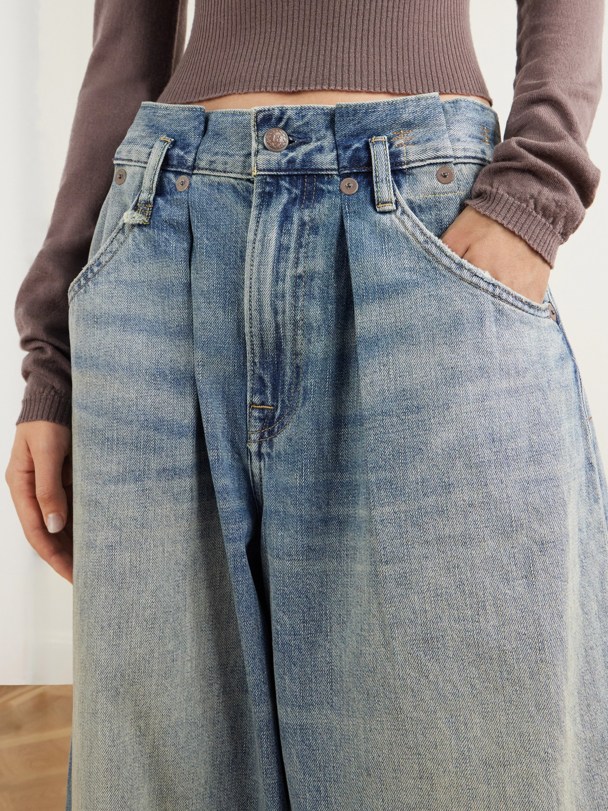 Pleated Waistband Low-Rise Wide- Leg
