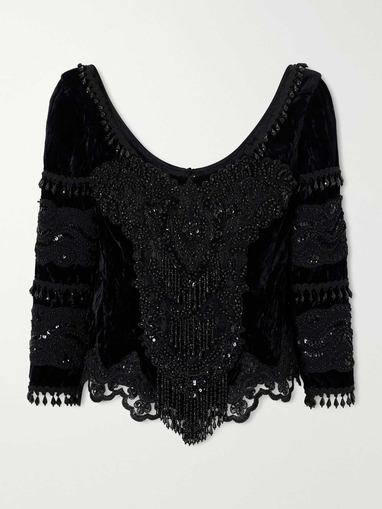 Anna Sui Fringed Bead-embellished Lace-trimmed Velvet Blouse In Black