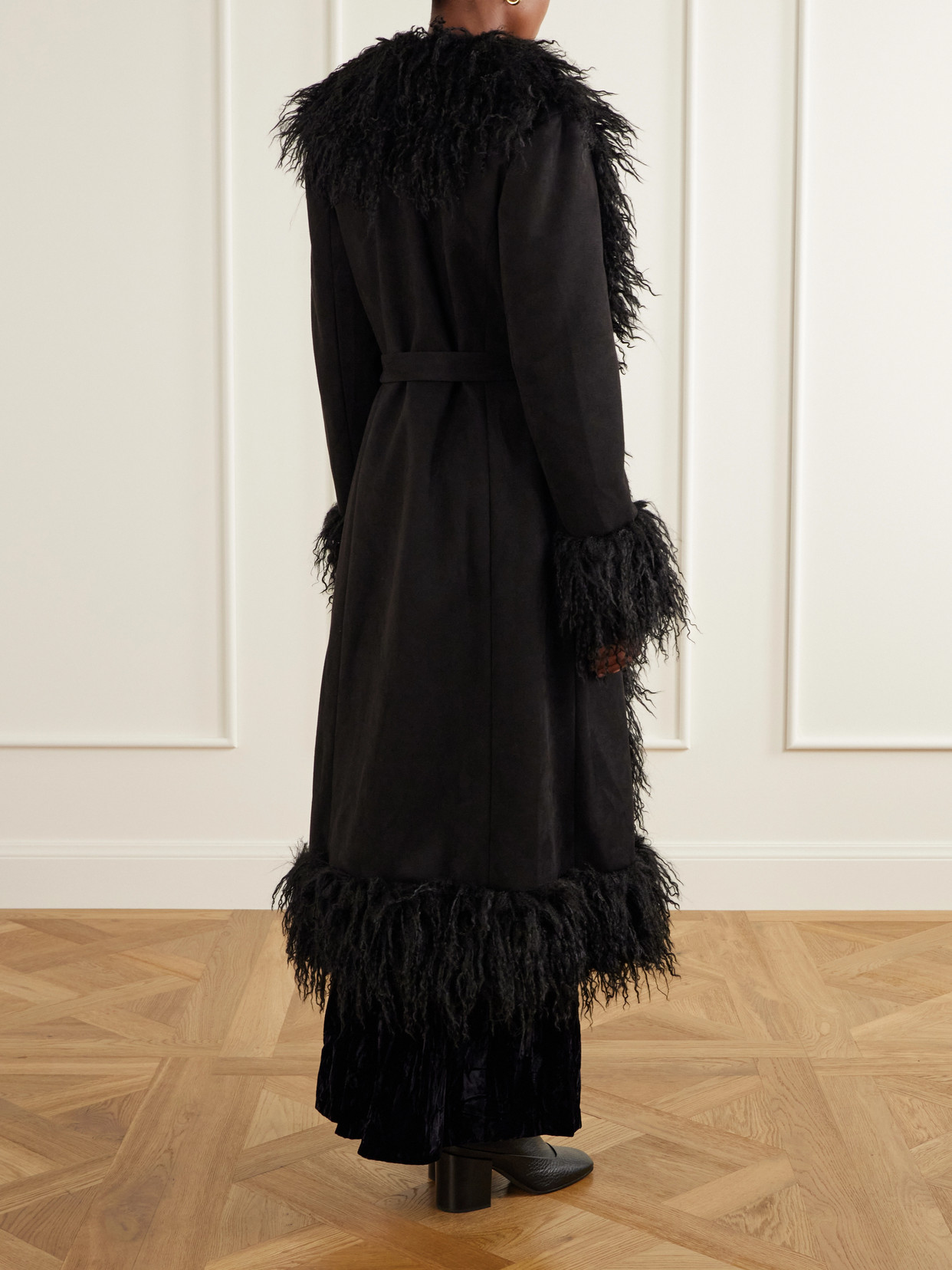 Belted Plush-Trimmed Woven Coat