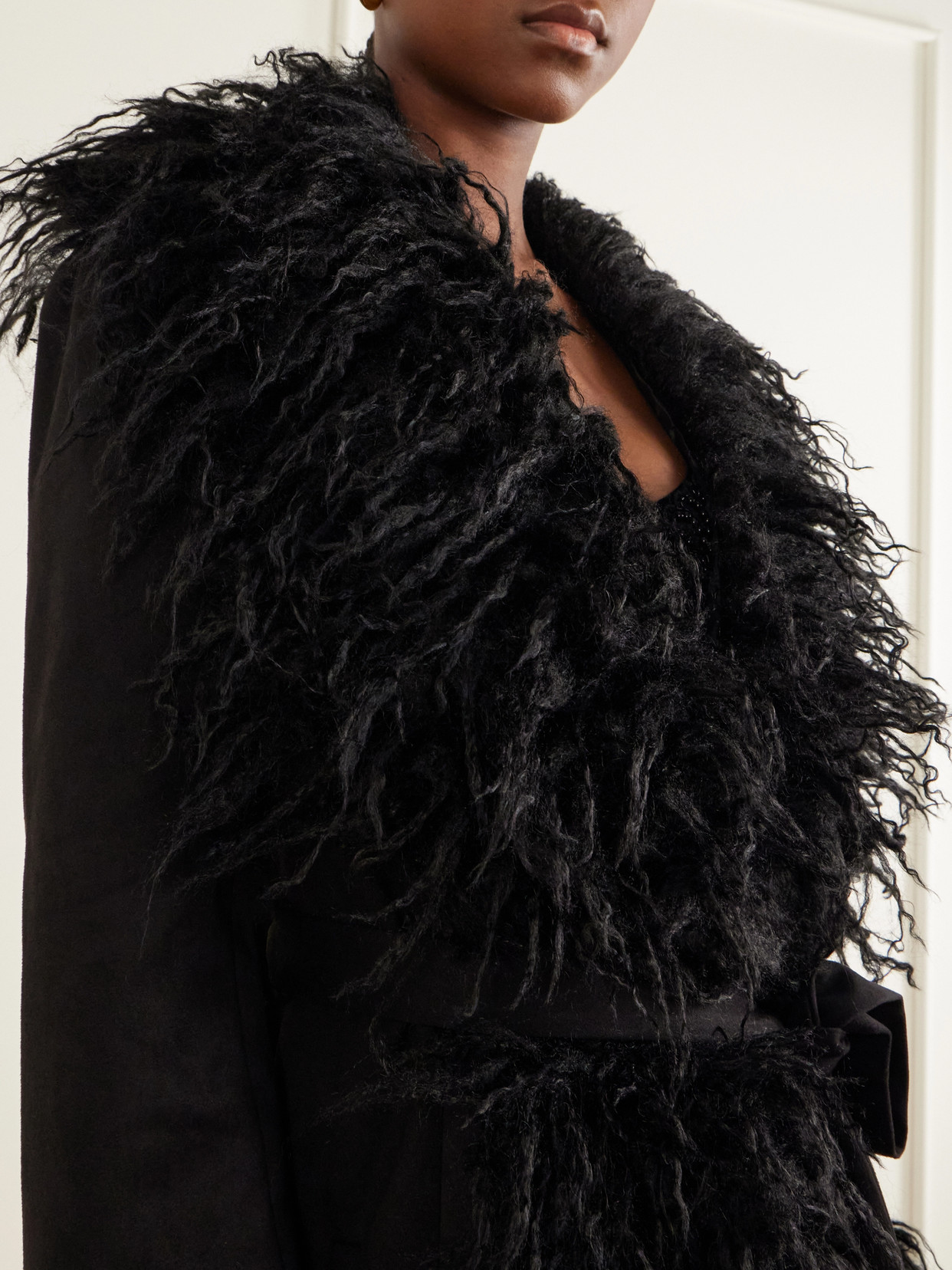 Belted Plush-Trimmed Woven Coat