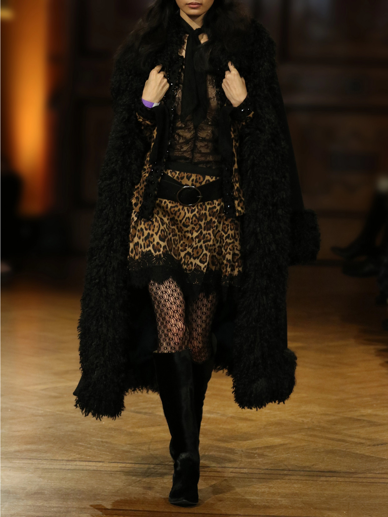 Belted Plush-Trimmed Woven Coat