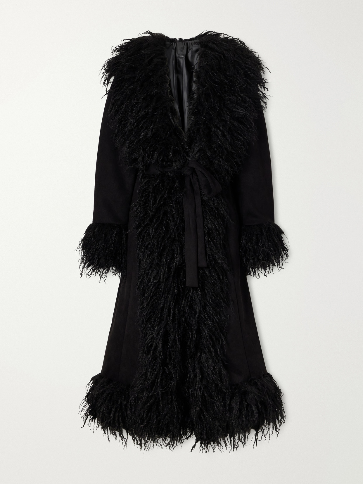 Anna Sui Belted Plush-trimmed Woven Coat In Black