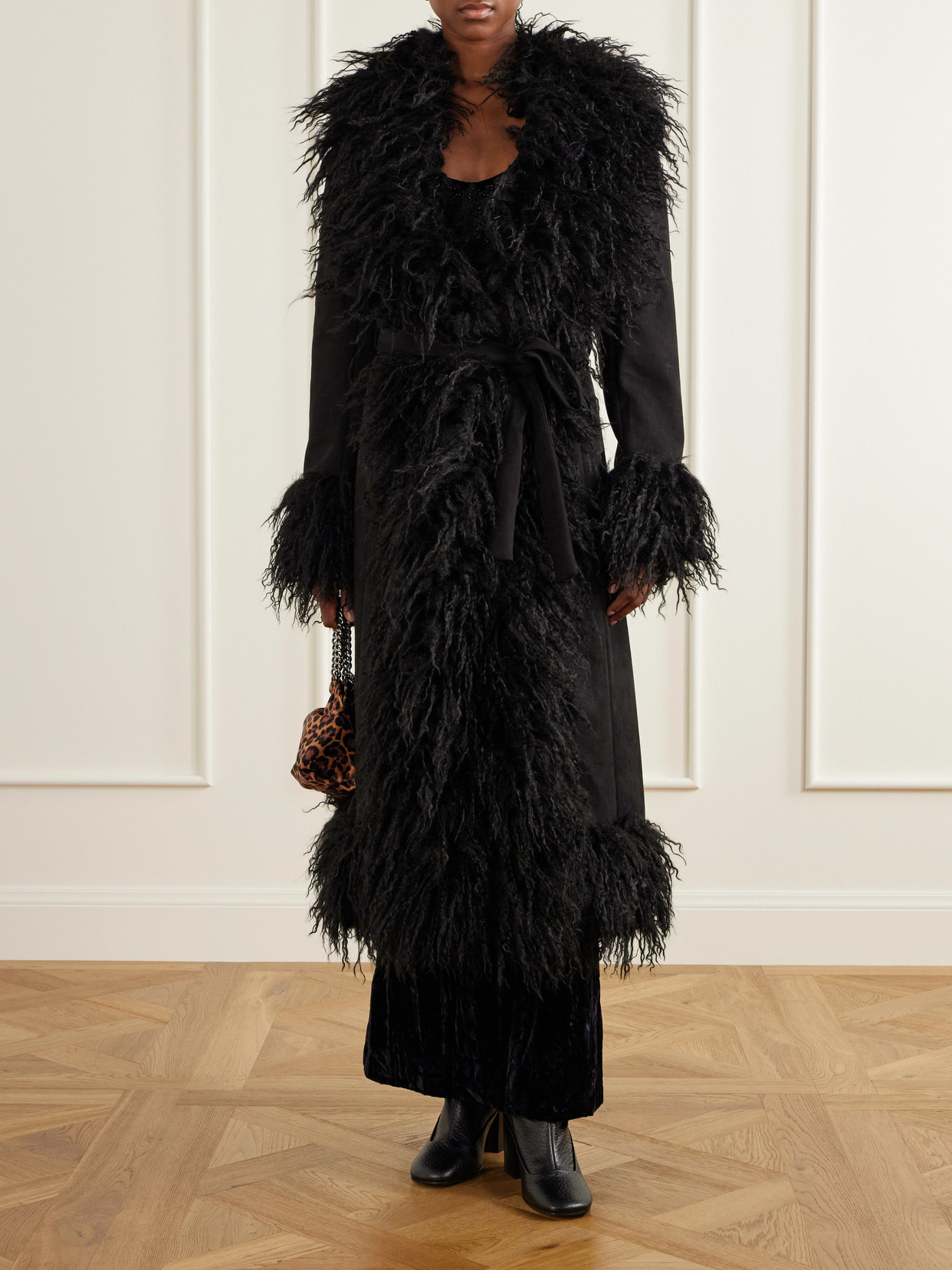 Belted Plush-Trimmed Woven Coat
