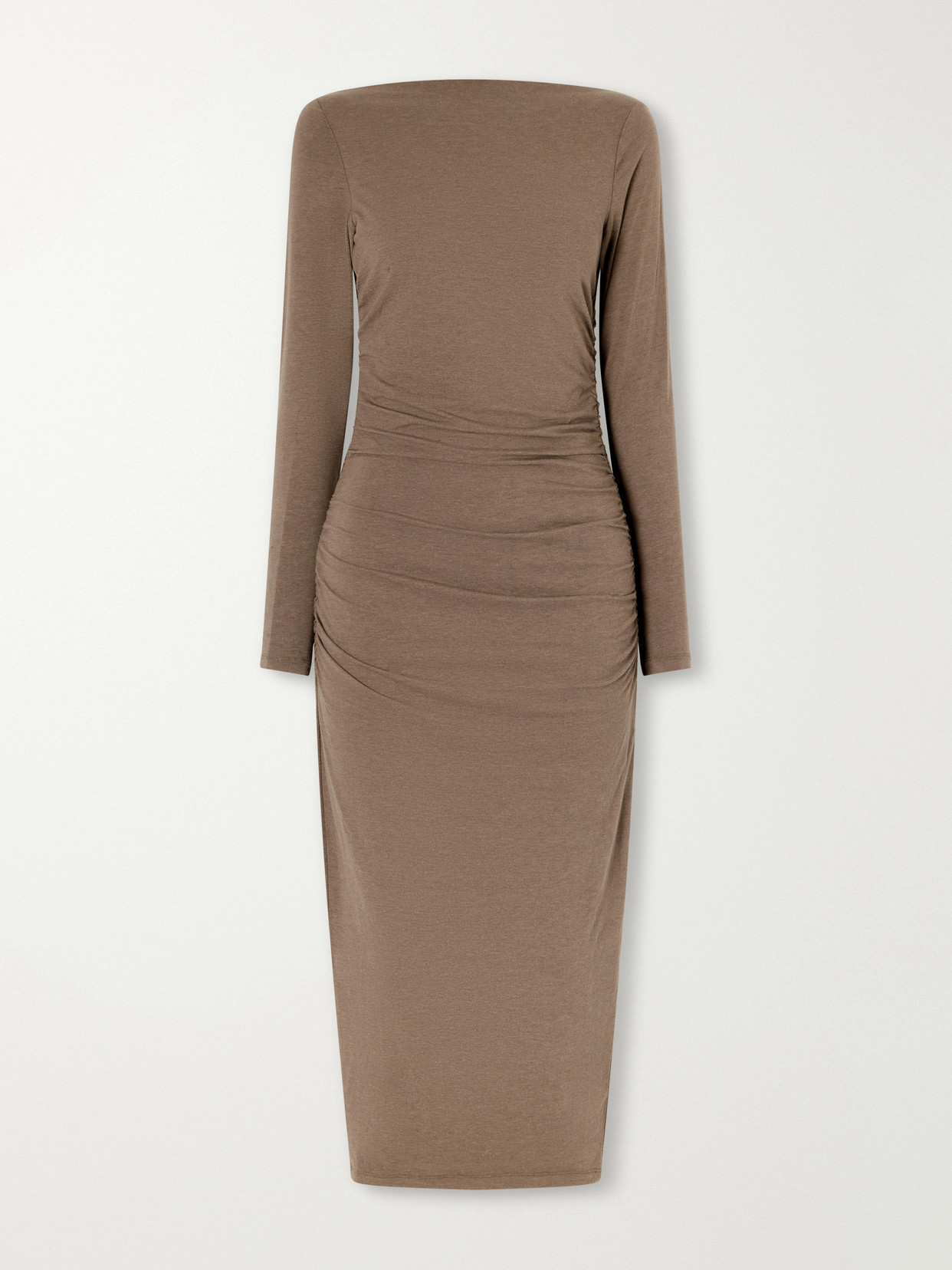James Perse Ruched Gathered Cotton-blend Midi Dress In Brown