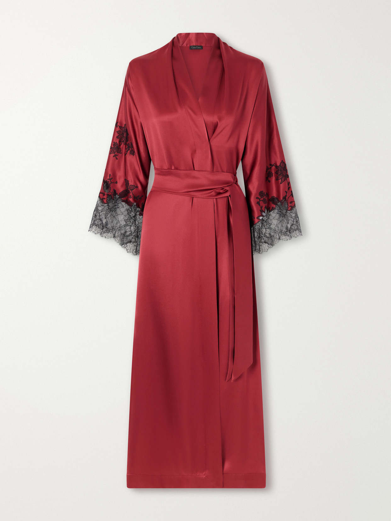 Carine Gilson Belted Lace-embroidered Silk-satin Robe In Red
