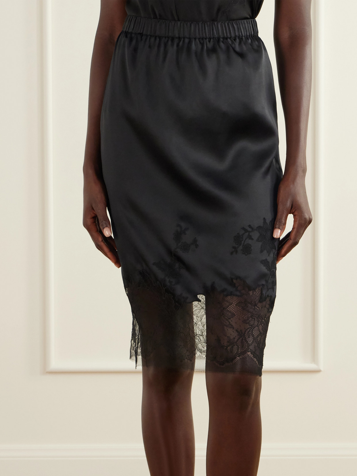 Lace-Trimmed Silk-Satin Skirt