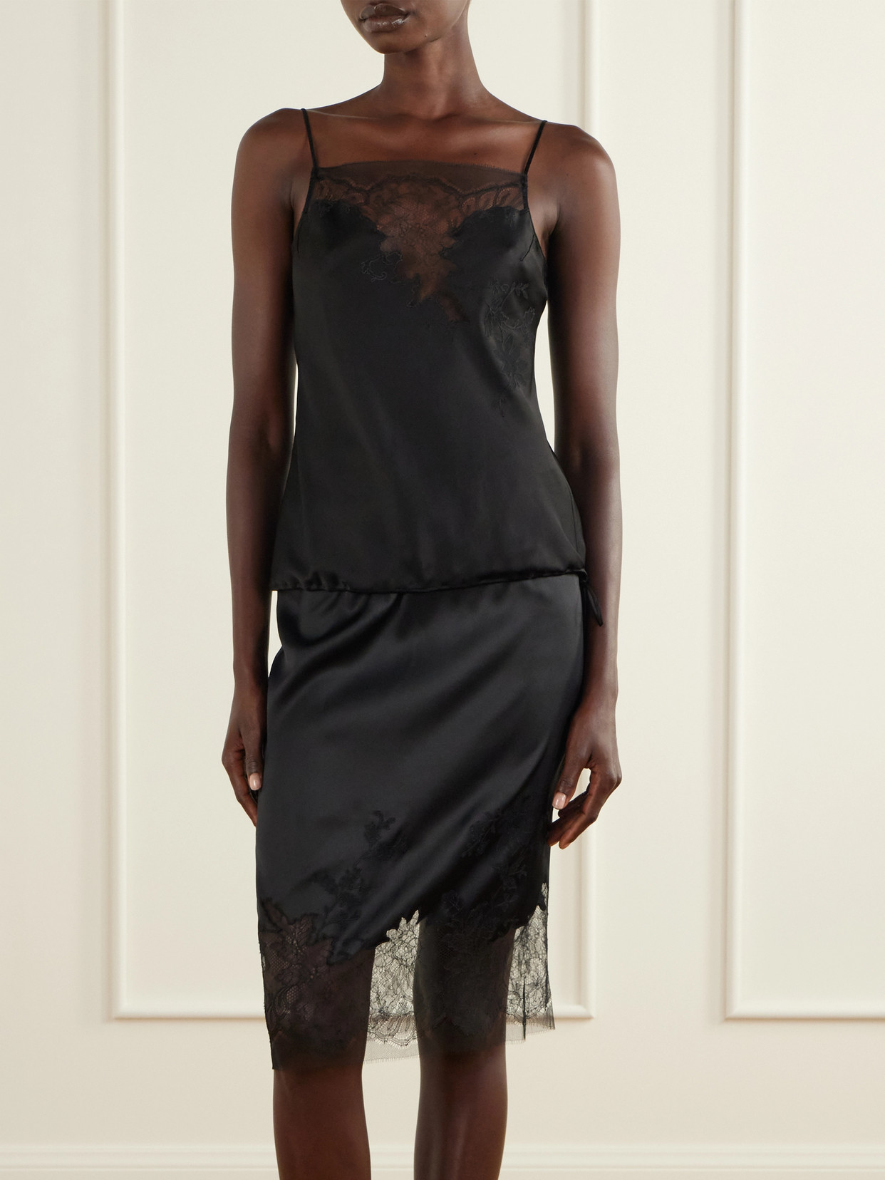 Lace-Trimmed Silk-Satin Skirt
