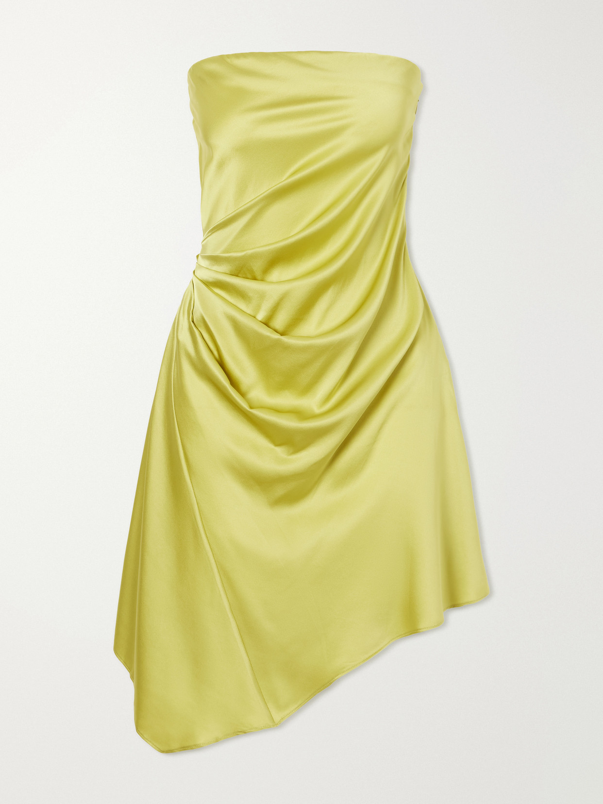 Staud Adriana Ruched Silk-blend Satin Mini Dress In Yellow