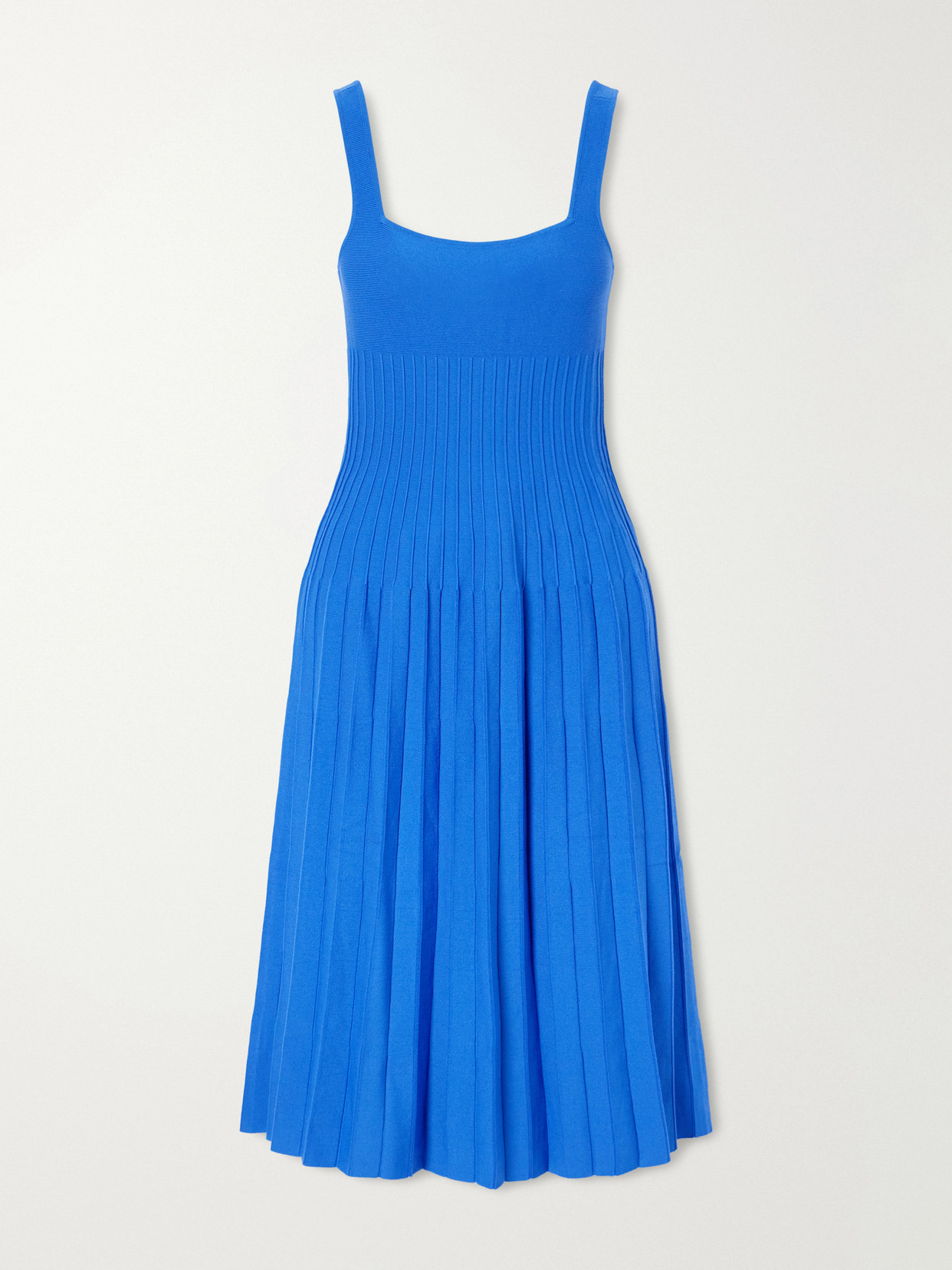 Staud Ellison Pleated Knitted Stretch-jersey Midi Dress In Blue
