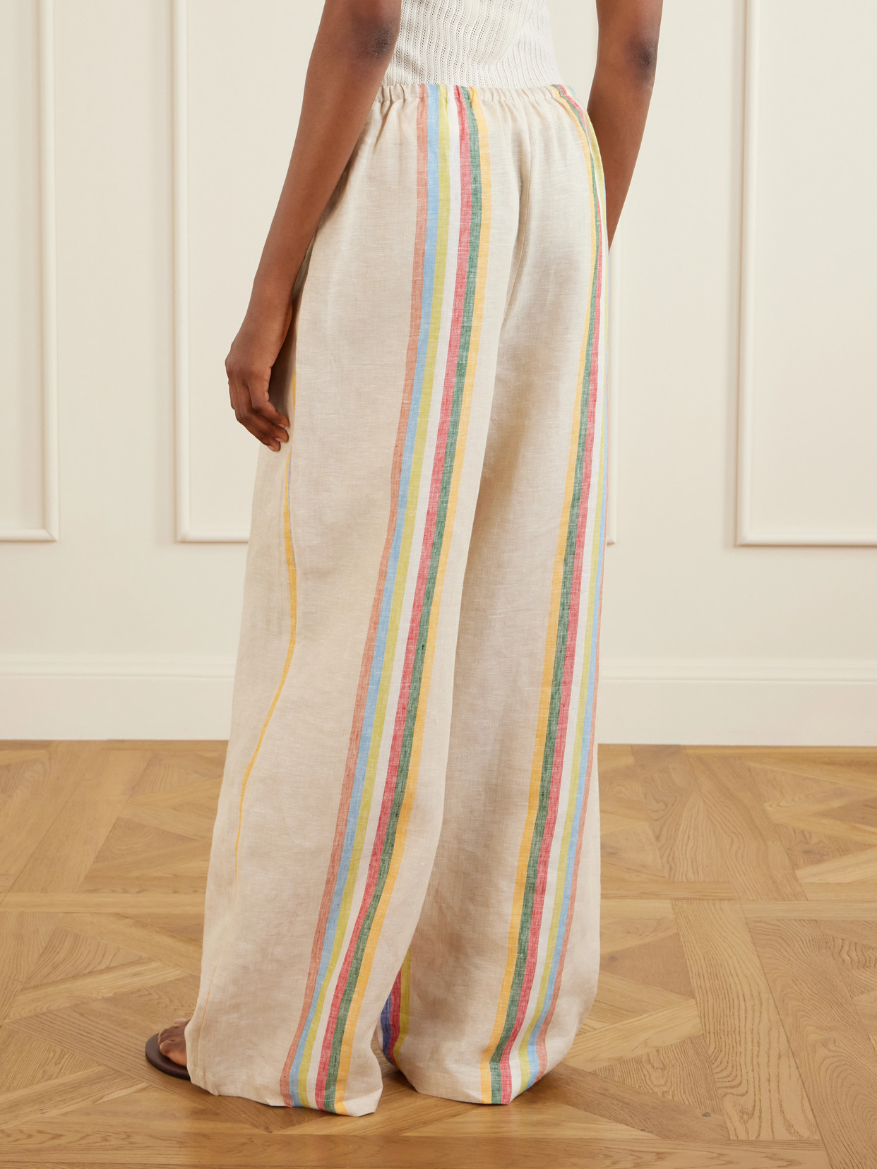 Staud Mateo Placed Stripe Linen Drawstring Pants In Neutral