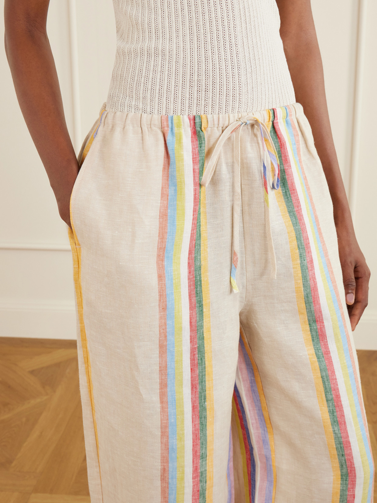 Staud Mateo Placed Stripe Linen Drawstring Pants In Neutral