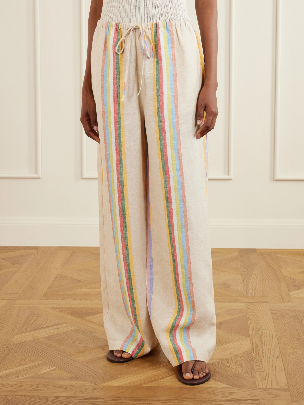 Staud Mateo Placed Stripe Linen Drawstring Pants In Neutral