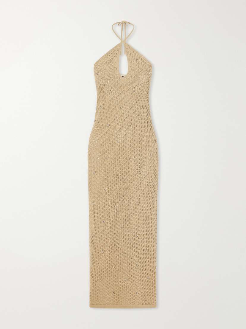 Staud Isola Embellished Crocheted Cotton Halterneck Maxi Dress