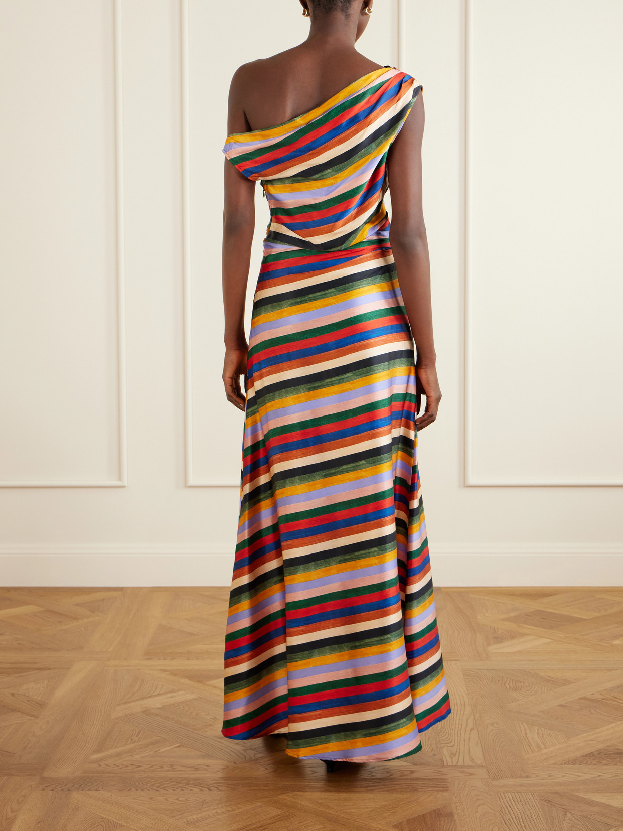 Staud Phare One-shoulder Draped Striped Silk-blend Satin Maxi Dress In Multi