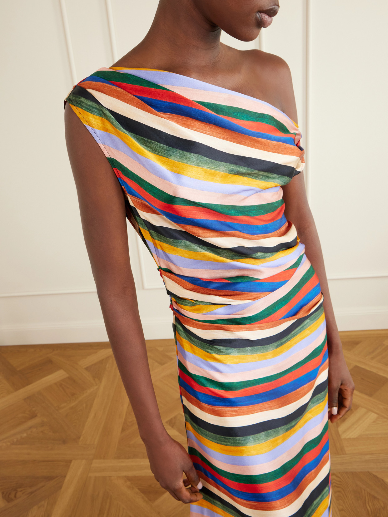 Staud Phare One-shoulder Draped Striped Silk-blend Satin Maxi Dress In Multi