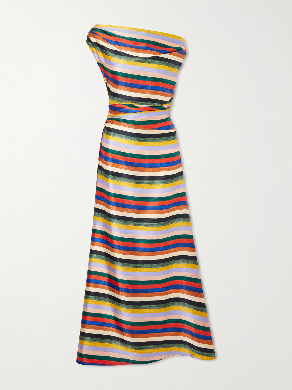 Staud Phare One-shoulder Draped Striped Silk-blend Satin Maxi Dress In Multi