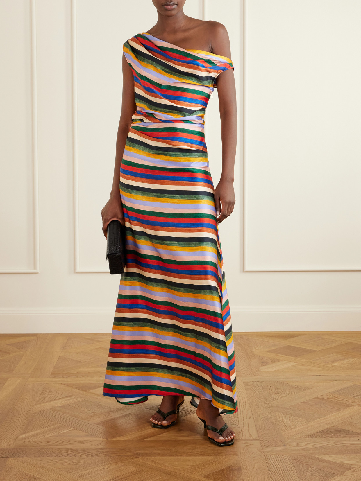 Staud Phare One-shoulder Draped Striped Silk-blend Satin Maxi Dress In Multi