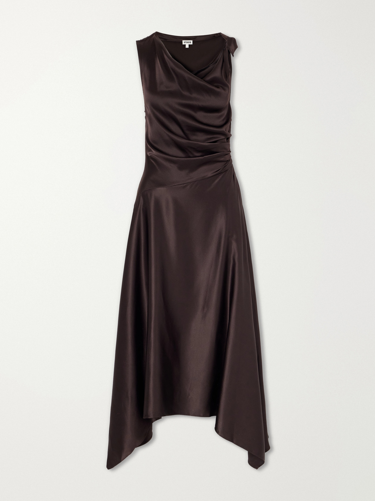 Staud Portia Off-the-shoulder Asymmetric Stretch-silk Gown In Brown