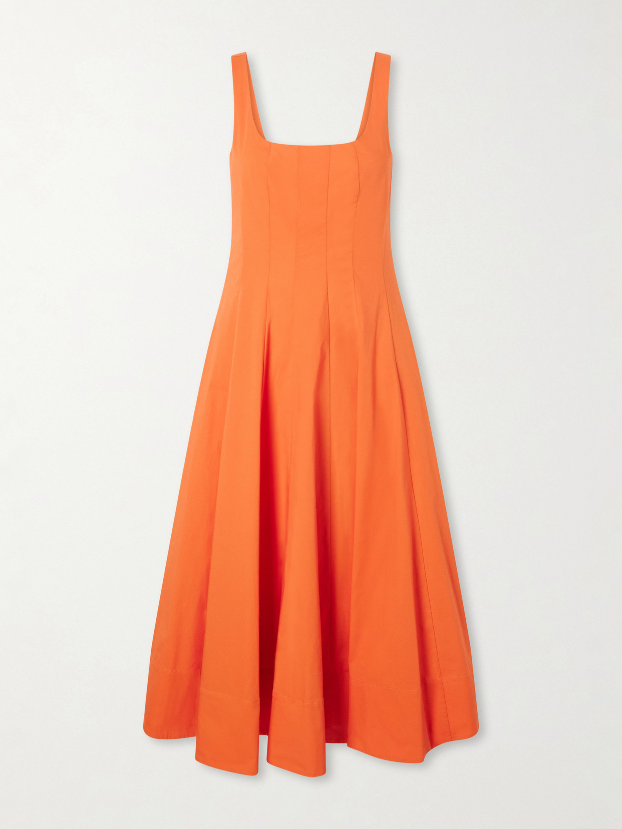 Staud Wells Pleated Cotton-blend Poplin Midi Dress In Orange