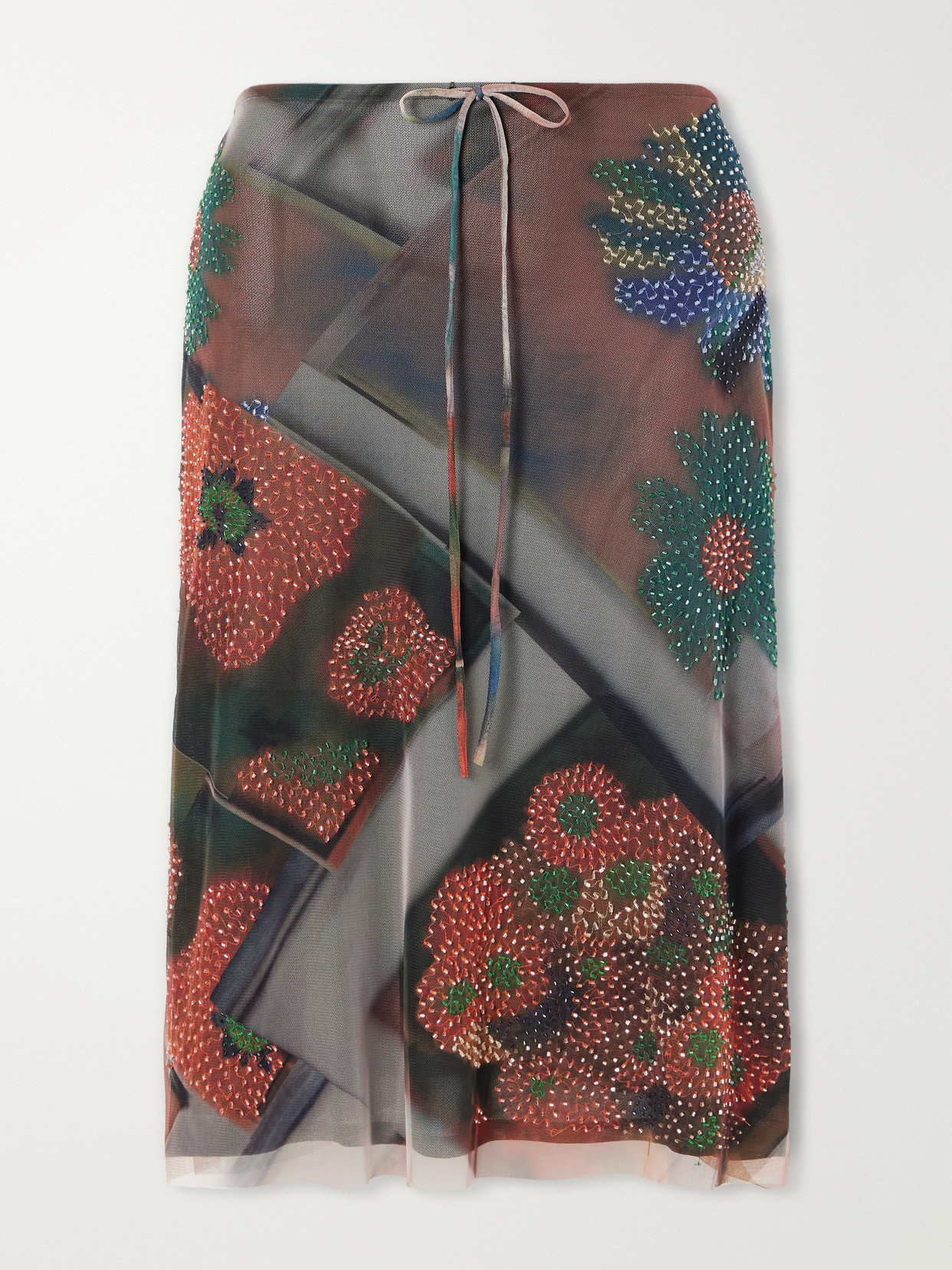 Staud Lucia Bead-embellished Printed Tulle Midi Skirt In Multi