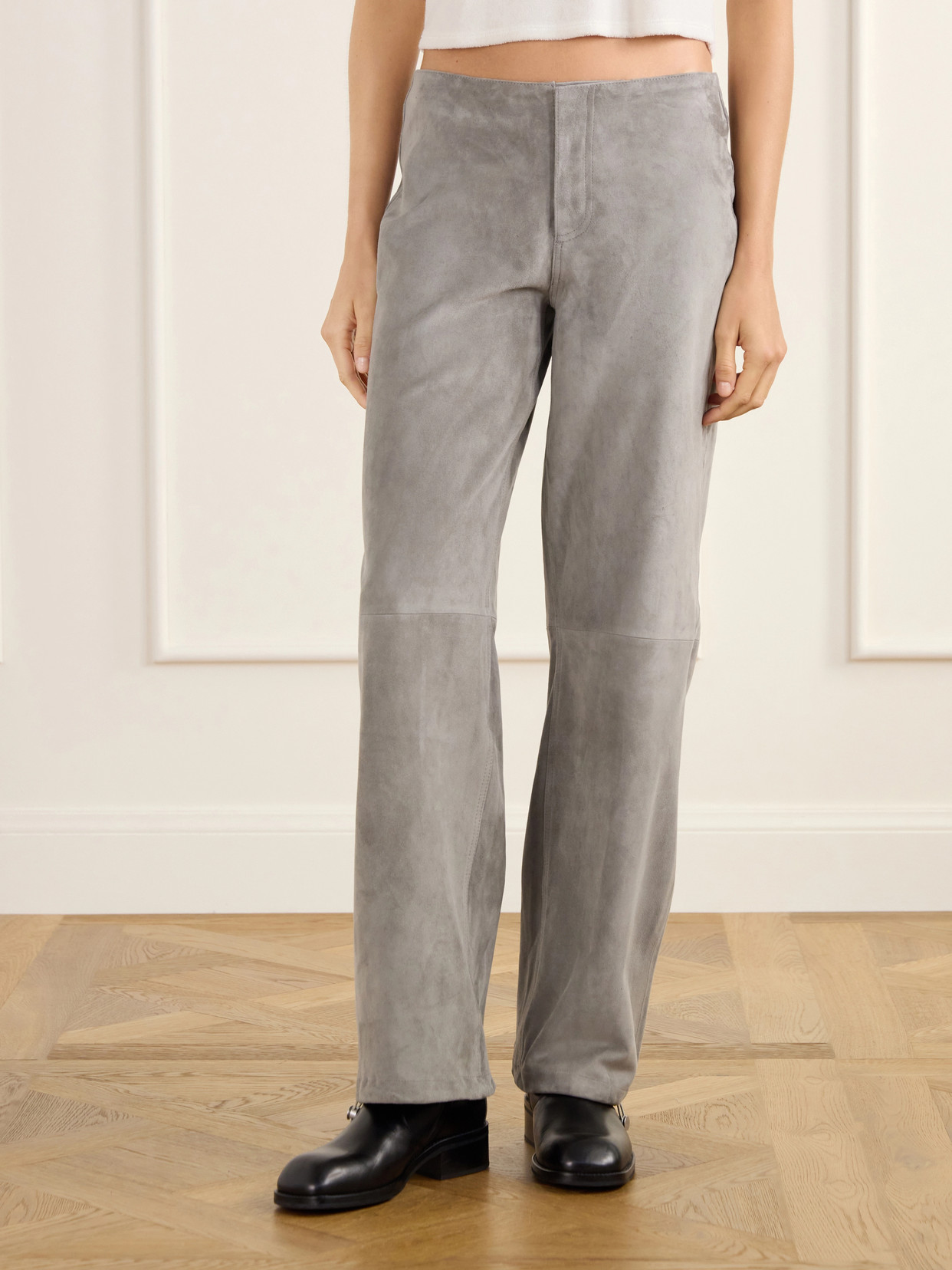 Sport Jean Paneled Suede Low-Rise Straight- Leg