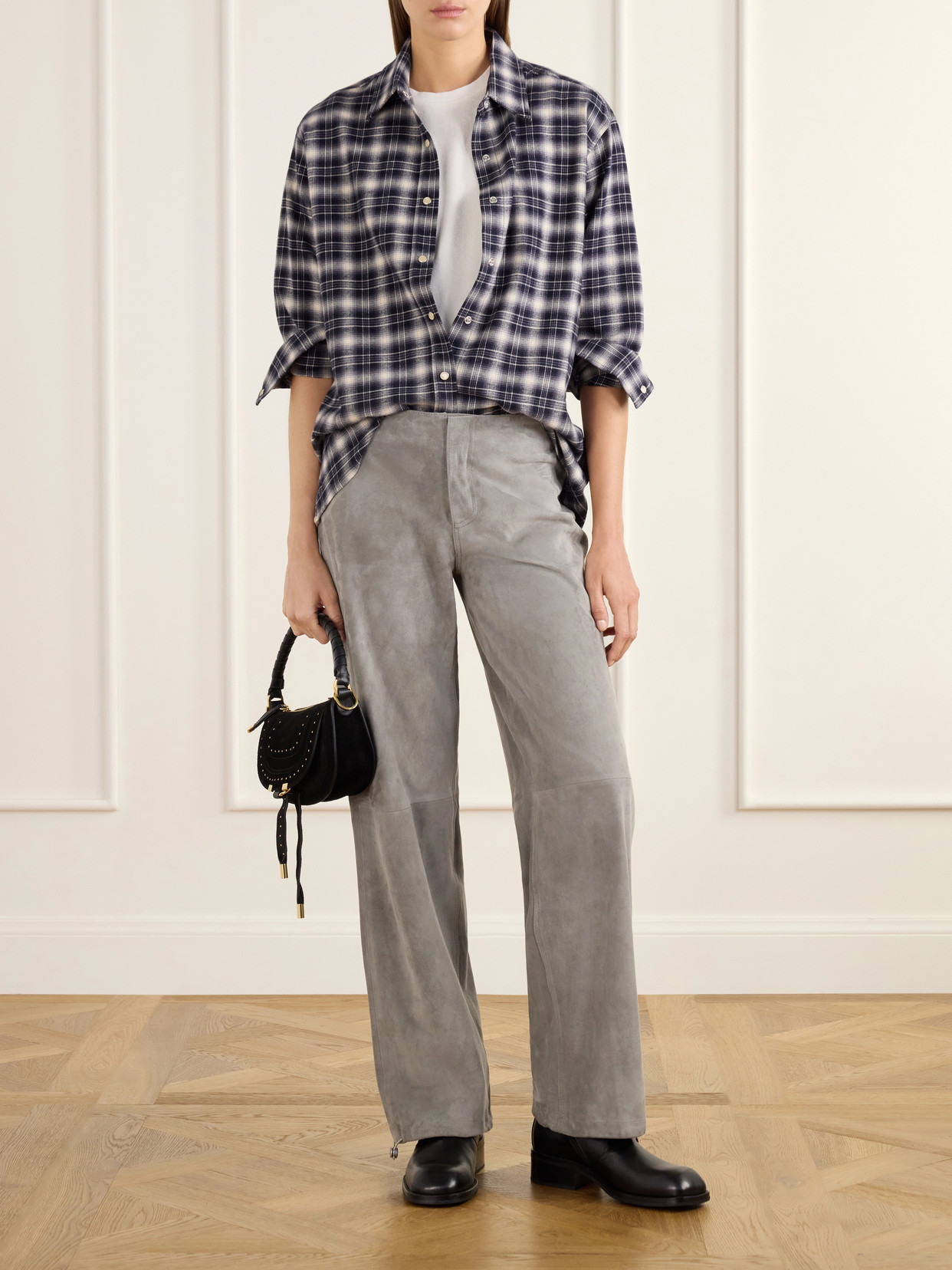 Sport Jean Paneled Suede Low-Rise Straight- Leg