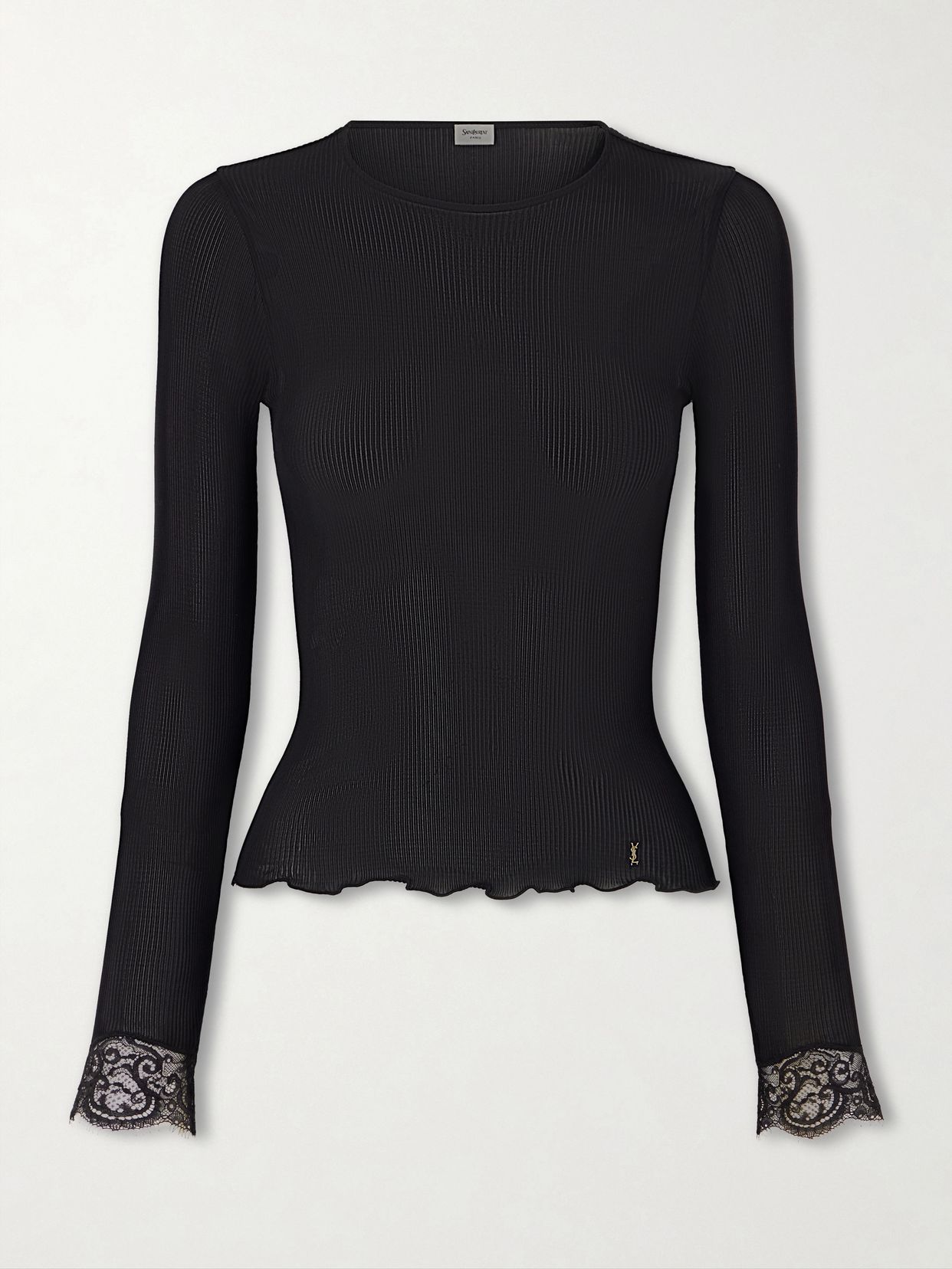 lace trimmed ribbed knit silk t shirt