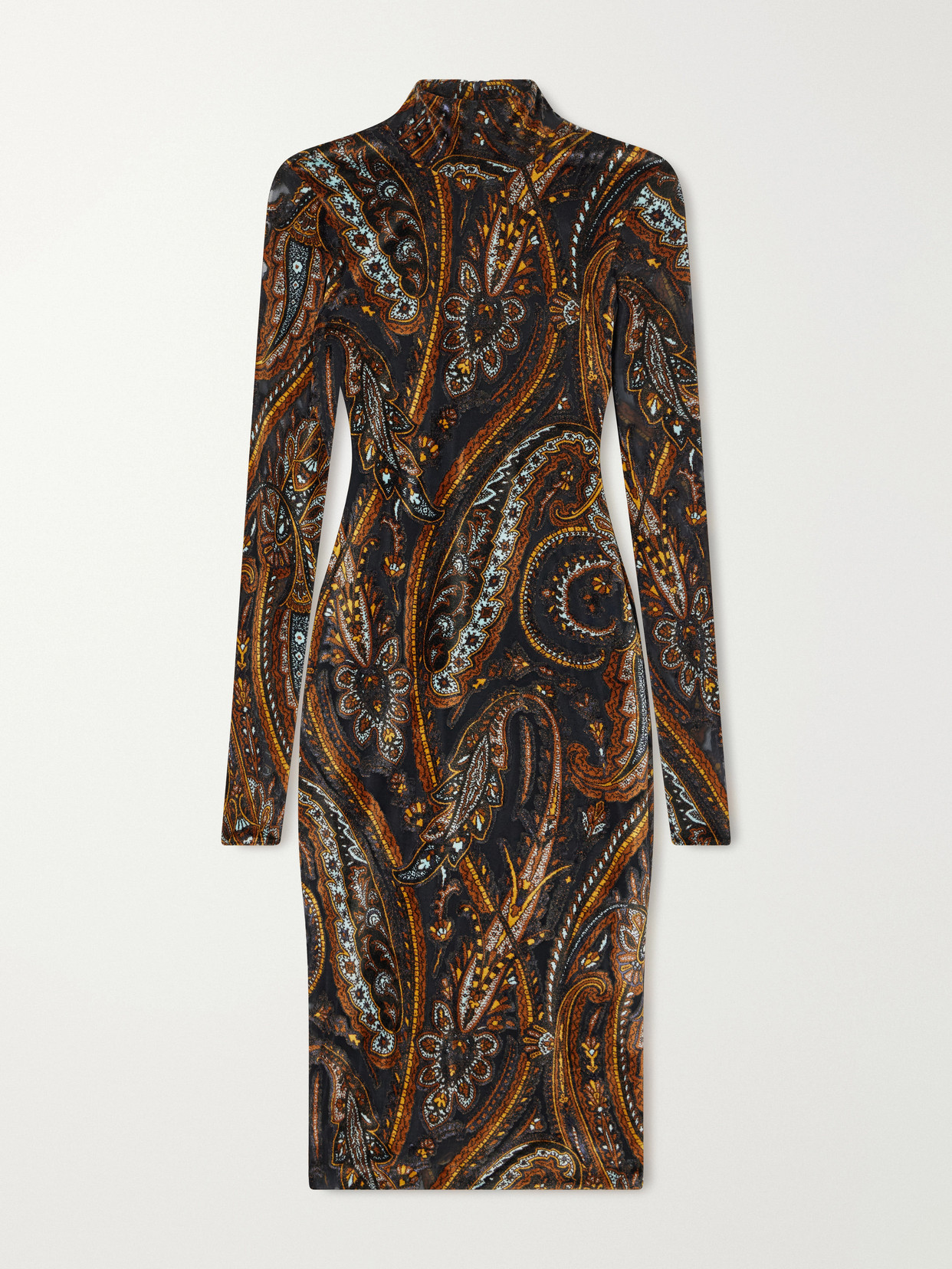 Etro Printed Stretch-velvet Knee-length Dress In Brown