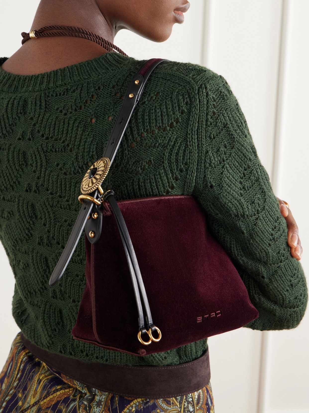 Logo-Embroidered Leather-Trimmed Velvet Shoulder Bag