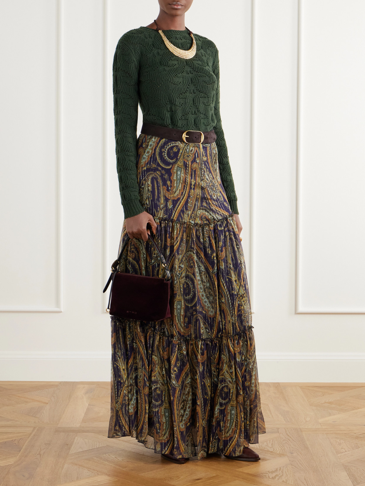 Logo-Embroidered Leather-Trimmed Velvet Shoulder Bag