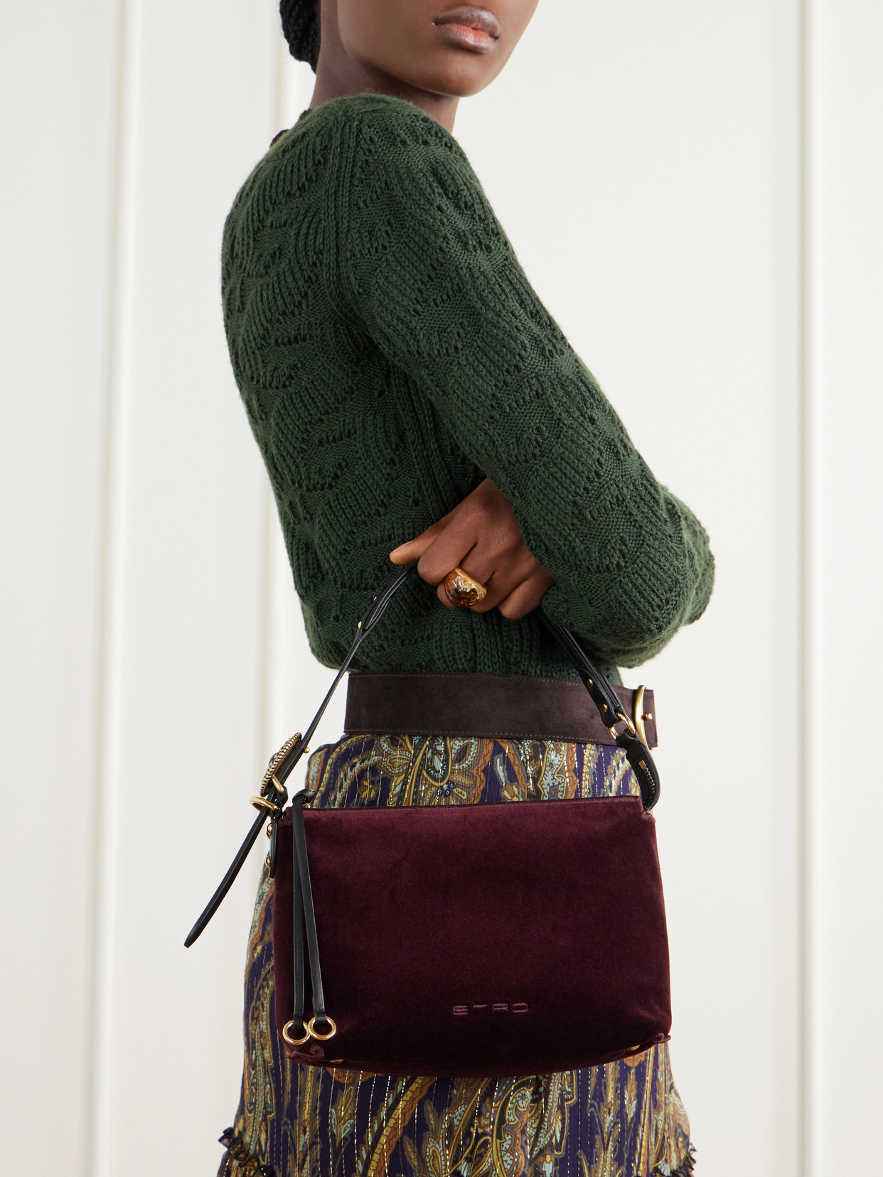 Logo-Embroidered Leather-Trimmed Velvet Shoulder Bag