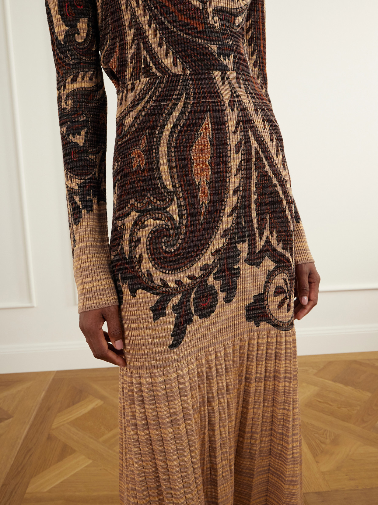 Paisley Printed Plissé-Knit Midi