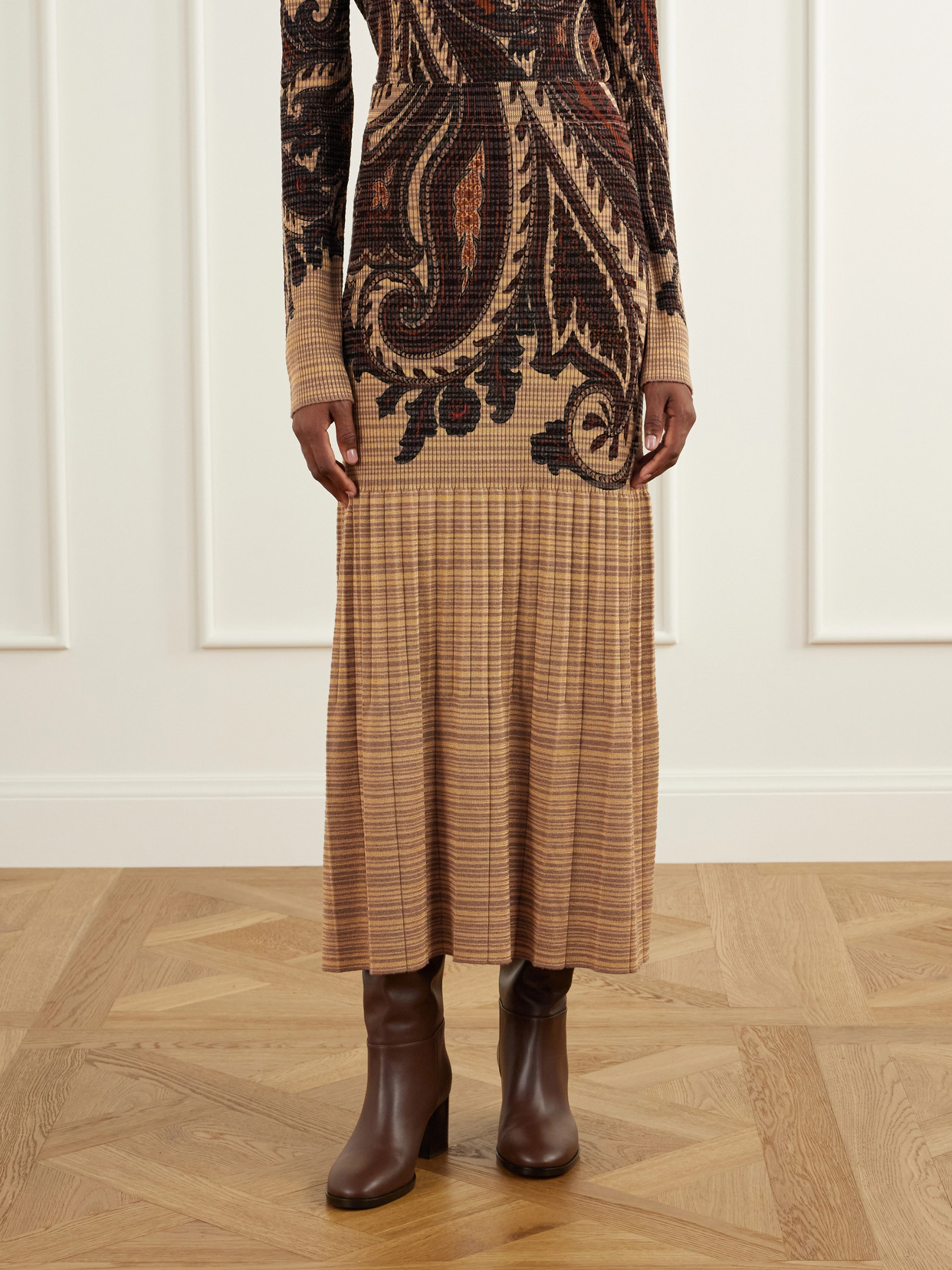 Paisley Printed Plissé-Knit Midi