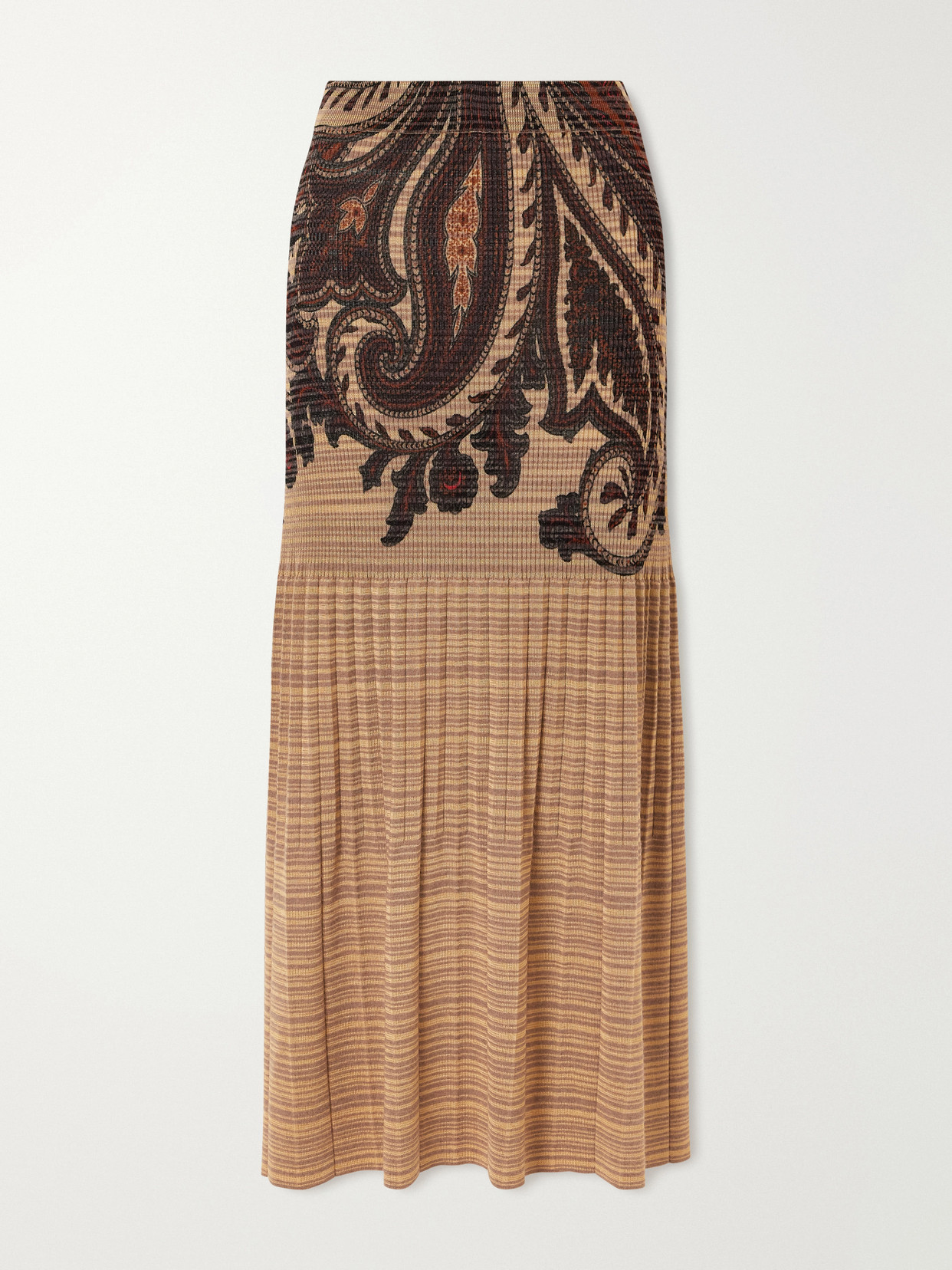 Etro Paisley Printed Plissé-knit Midi Skirt In Brown
