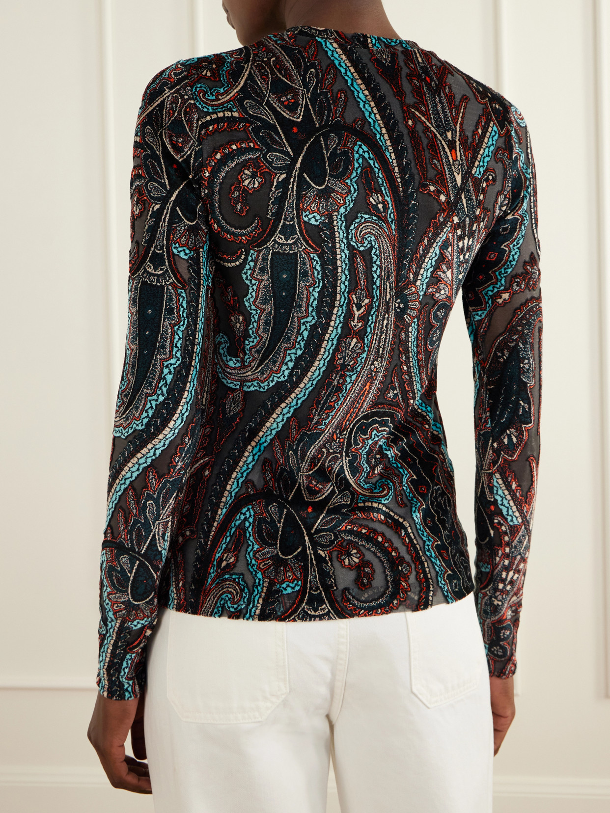 Printed Velvet-Trimmed Blouse