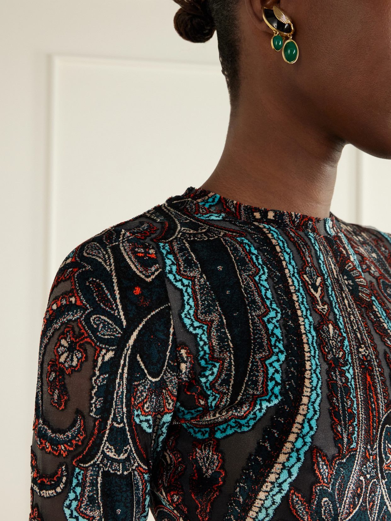 Printed Velvet-Trimmed Blouse