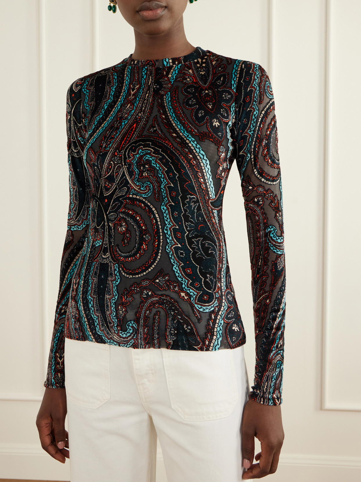 Printed Velvet-Trimmed Blouse