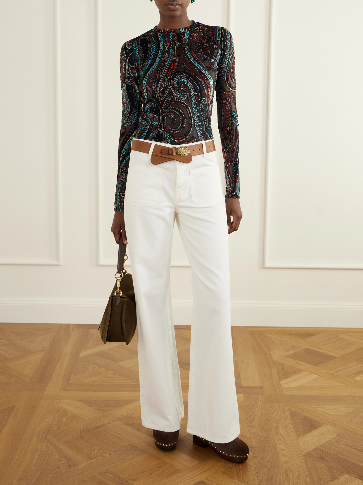 Printed Velvet-Trimmed Blouse