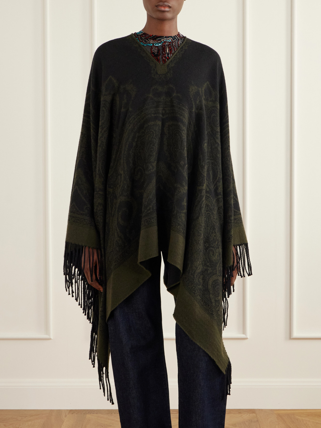 Fringe-Trimmed Wool Poncho