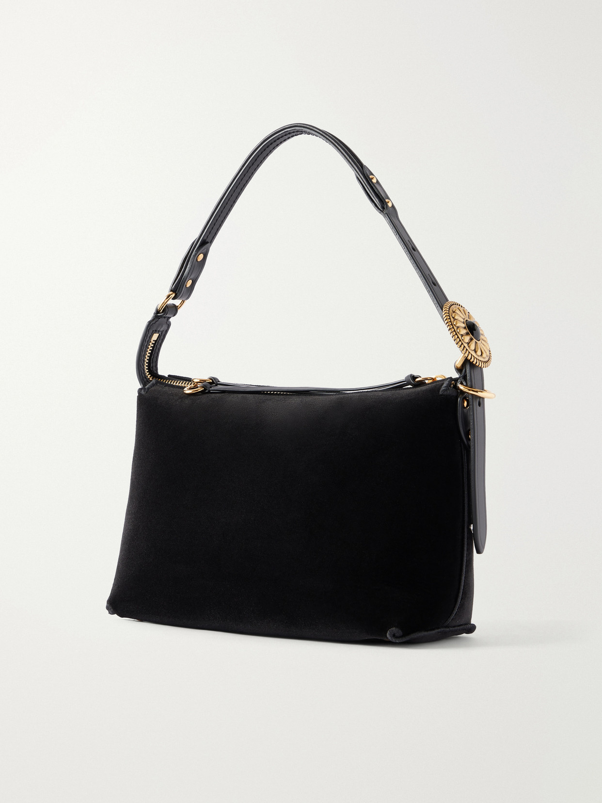 Leather-Trimmed Velvet Shoulder Bag