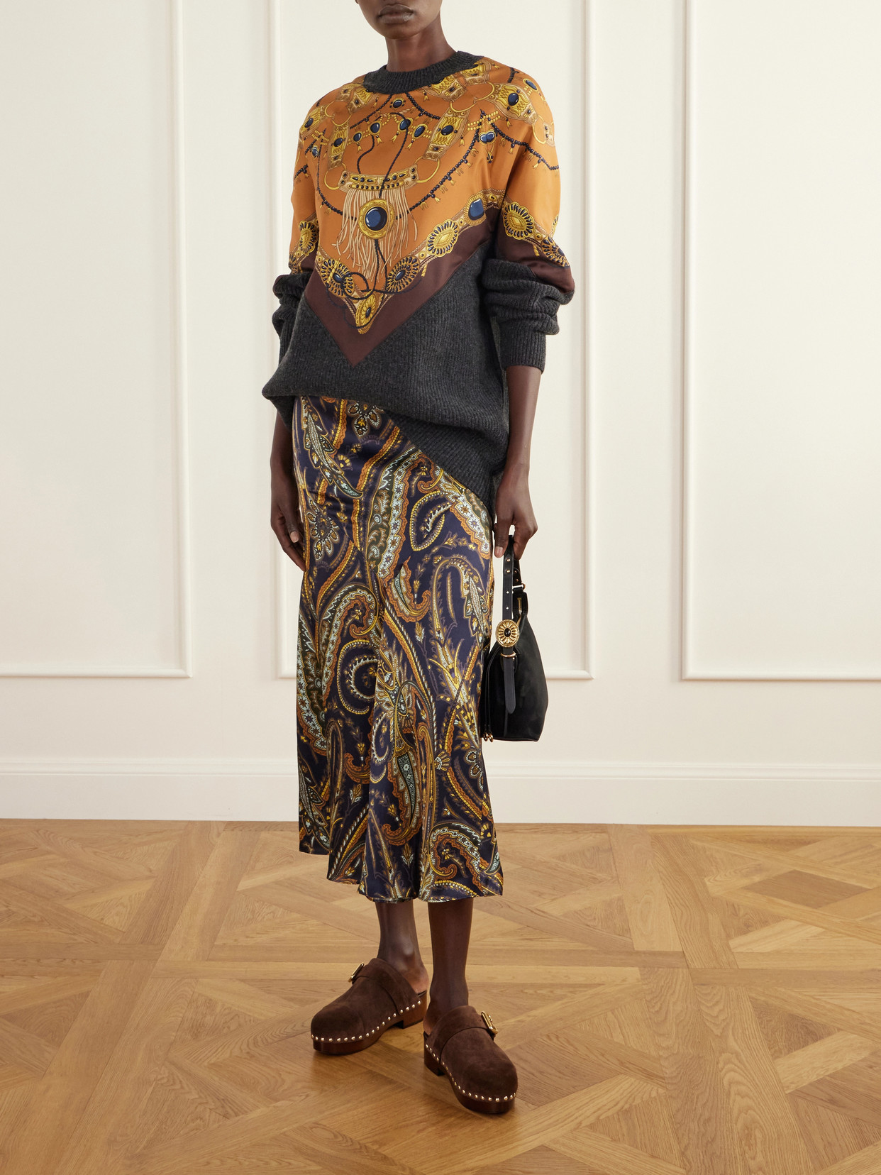 Leather-Trimmed Velvet Shoulder Bag