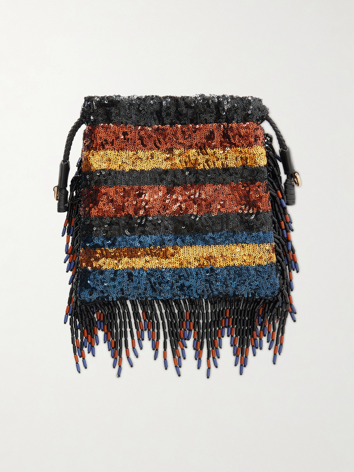 Kalispera Fringed Bead-Embellished Leather-Trimmed Sequined Drawstring Bag