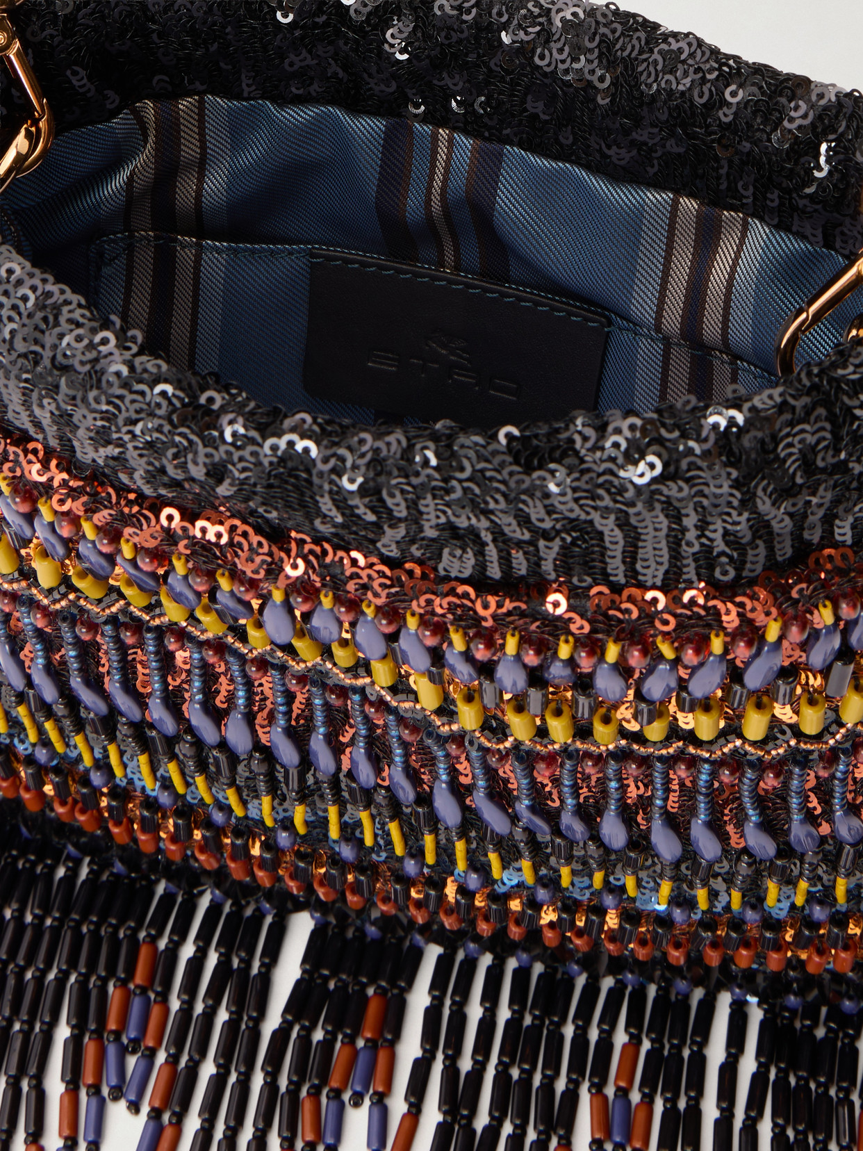Kalispera Fringed Bead-Embellished Leather-Trimmed Sequined Drawstring Bag